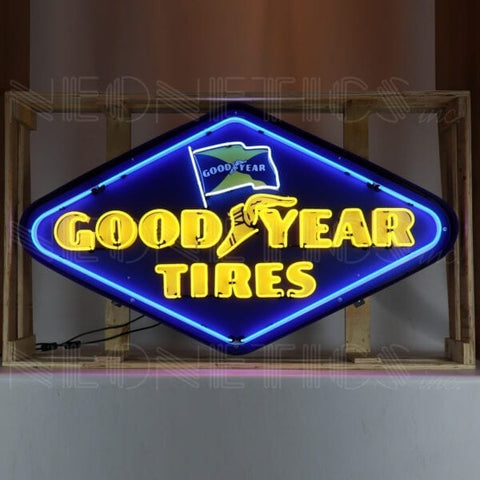 GOODYEAR TIRES DIAMOND NEON SIGN IN STEEL CAN