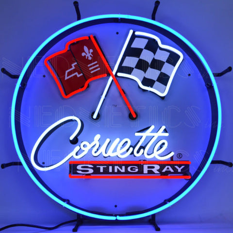 GM CORVETTE C2 STINGRAY ROUND NEON SIGN WITH BACKING